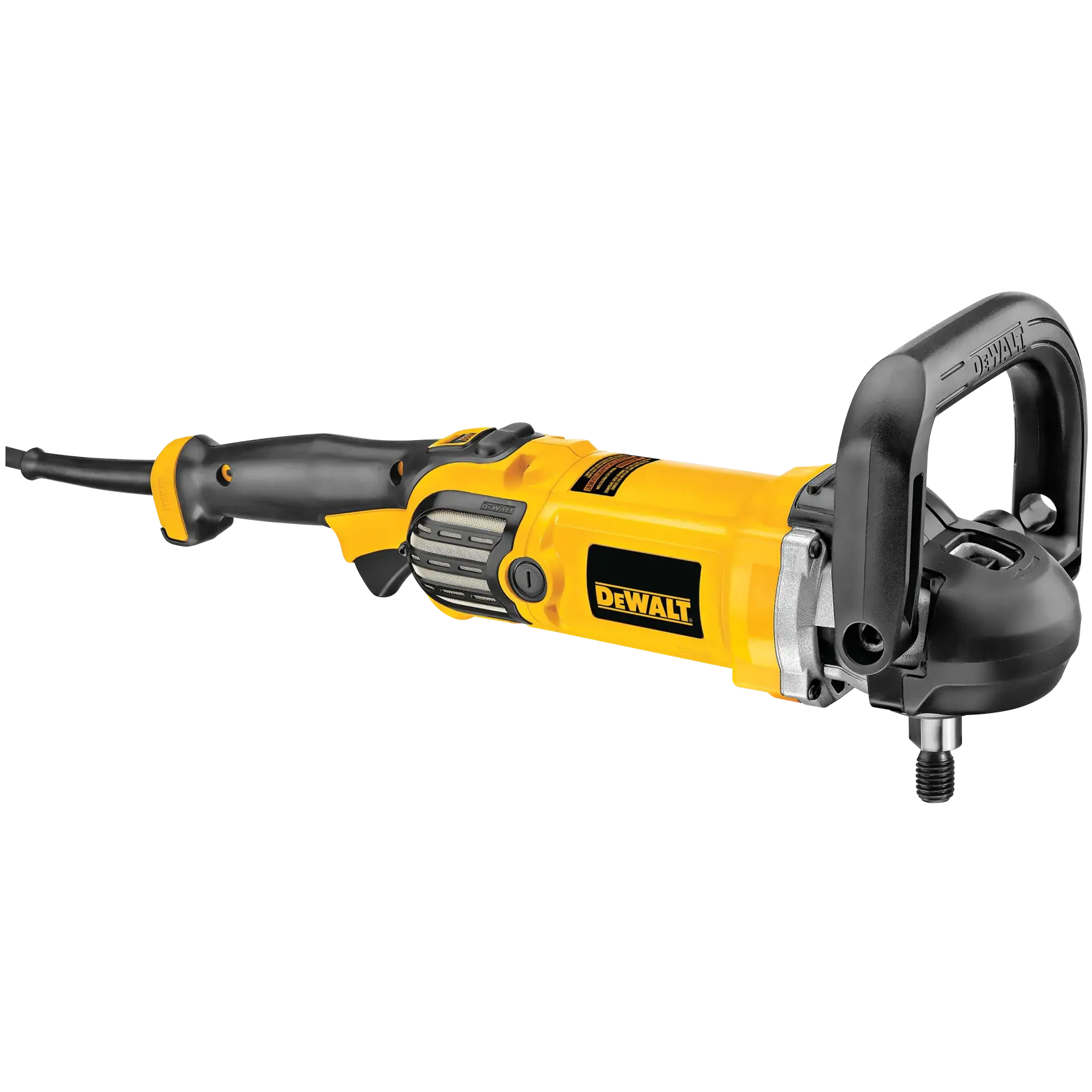 A DEWALT DWP849X variable speed polisher with a yellow and black body, featuring a sturdy side handle, designed for precision polishing tasks.