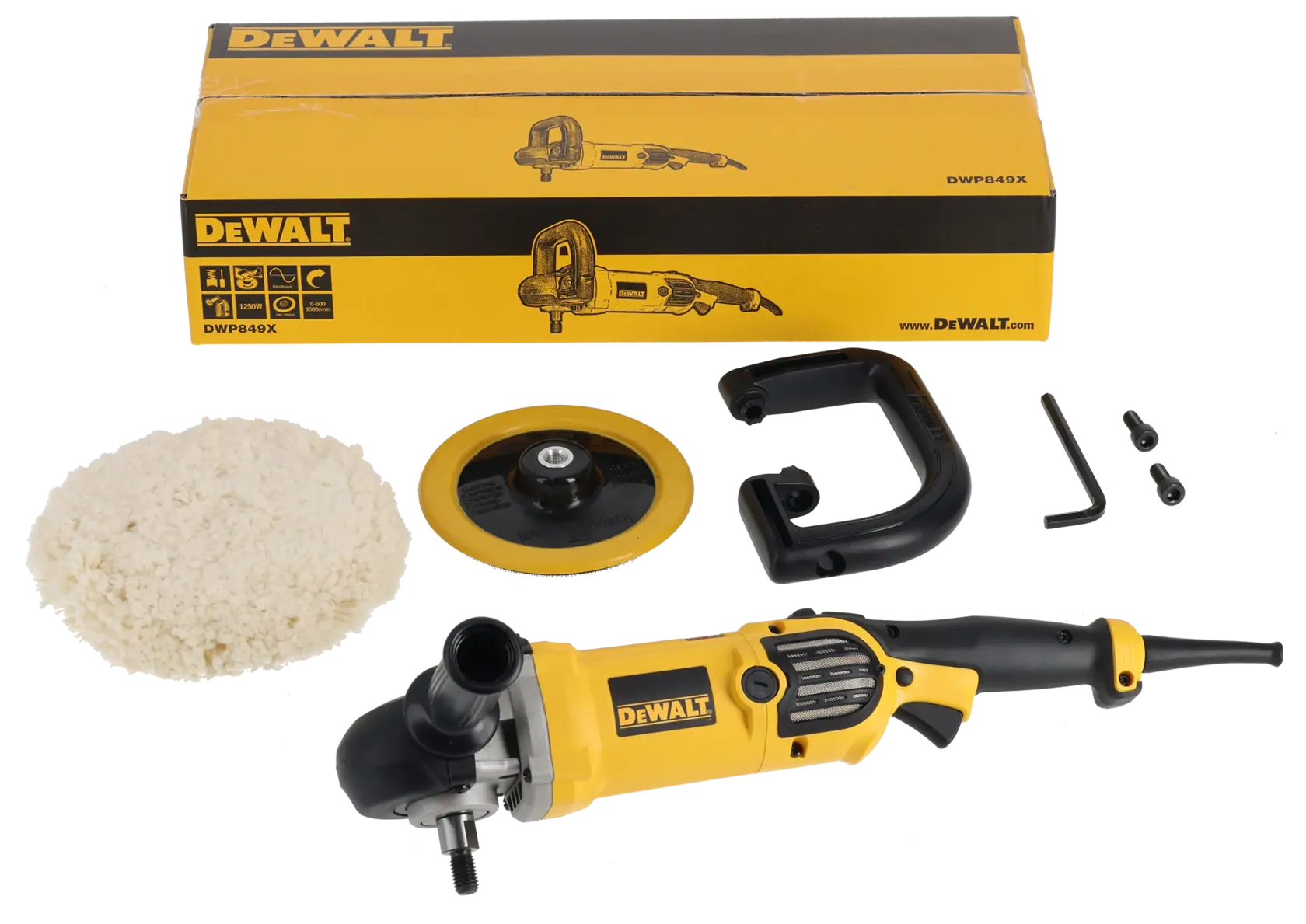 A person using a DEWALT DWP849X polisher to buff the hood of a shiny red sports car inside a garage. The person is wearing an apron and is focused on the polishing process.