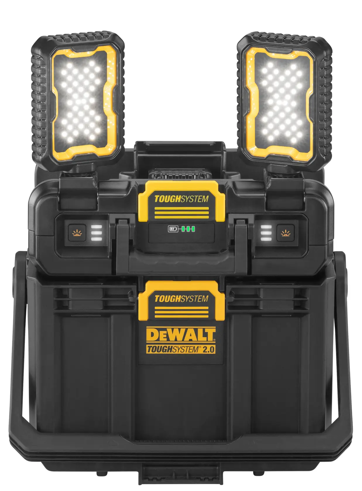 TOUGHSYSTEM 2.0 Cordless Adjustable Work Light and Storage front view with headlights up and on