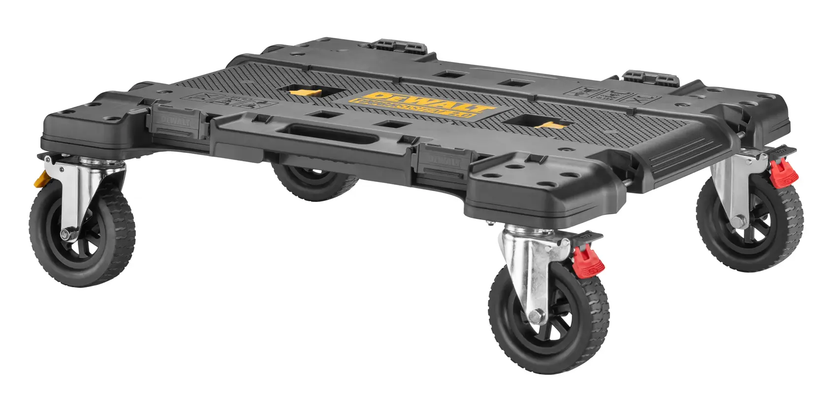 DEWALT rolling tool platform with four wheels, designed for transporting toolboxes and heavy items. The platform is black with yellow detailing and features sturdy construction and locking caster wheels.