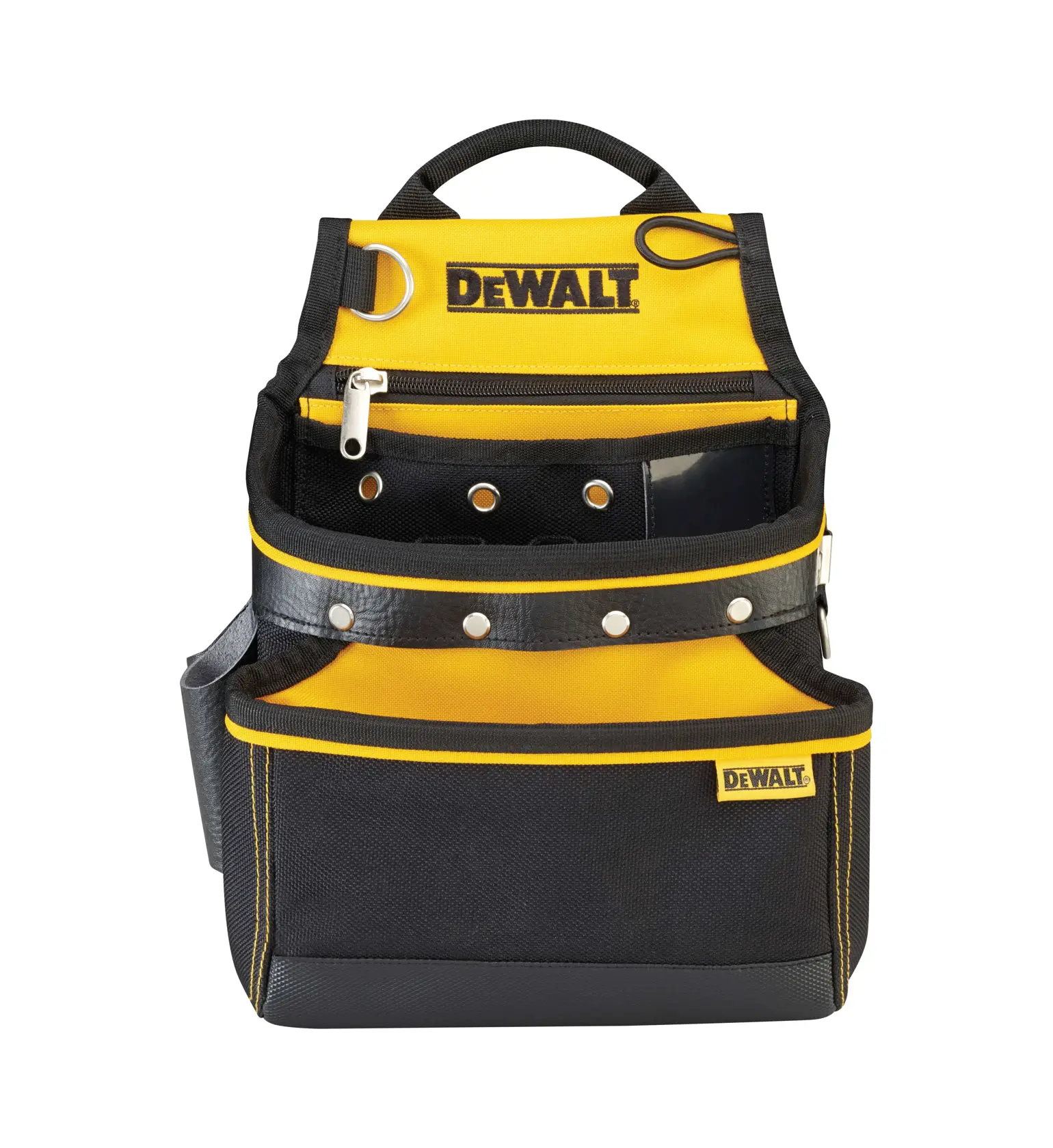 A DEWALT-branded tool pouch in yellow and black fabric with multiple pockets, a zippered compartment, metal rivets, and a handle on top. The pouch is designed to hold tools and accessories.