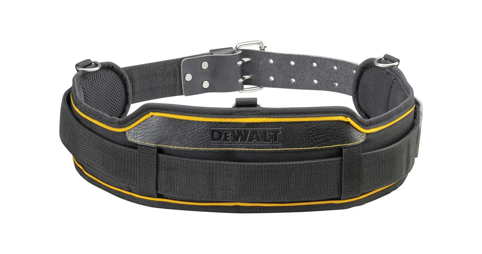 A black padded tool belt with yellow trim and the DEWALT logo in the center. The belt has metal rivets and adjustable buckle for fastening.