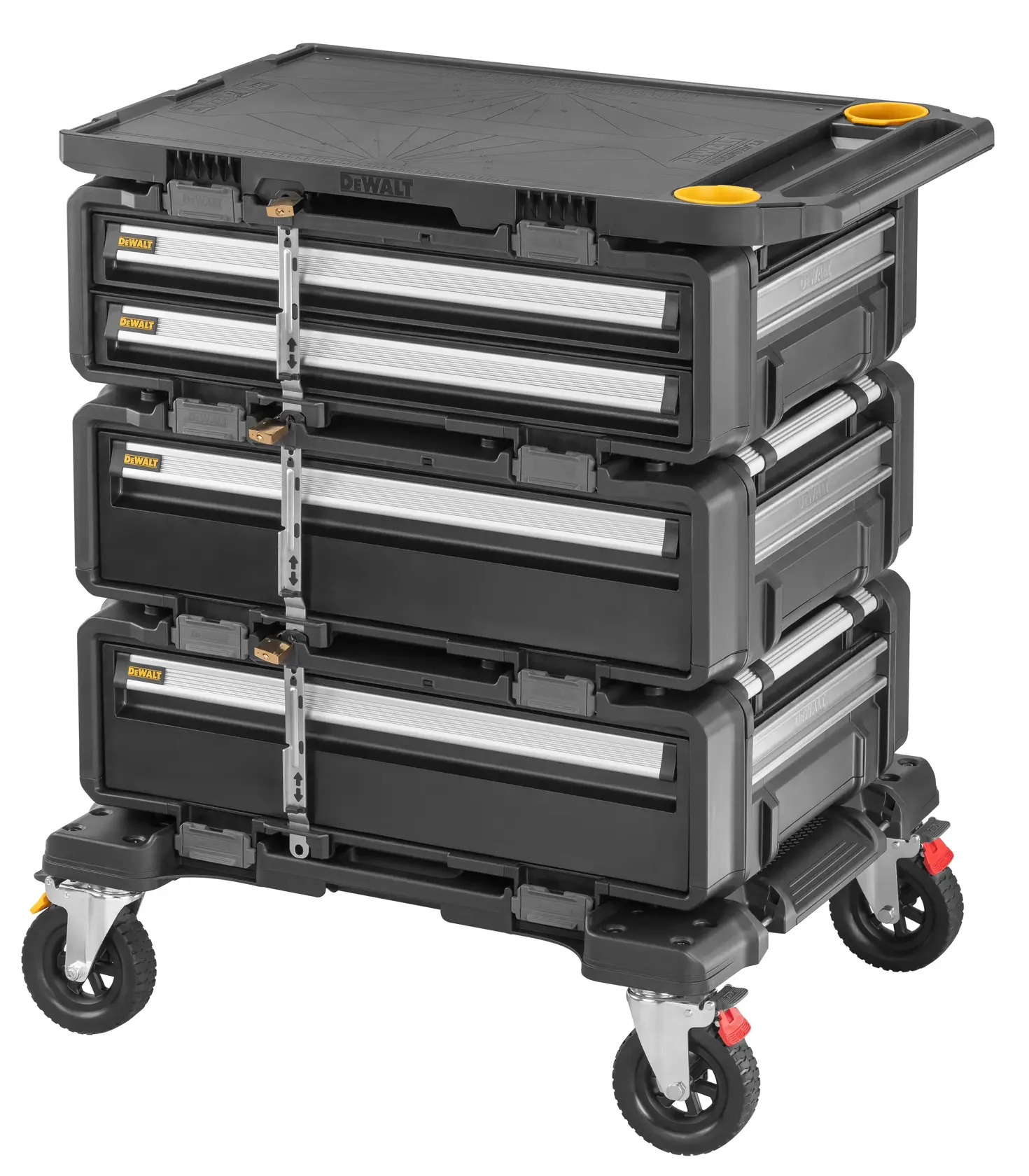 A DEWALT modular tool storage cart with three stacked black and silver drawers on wheels. The cart has a sturdy plastic frame, a flat top with handles and yellow accents, and features locking mechanisms for secure storage.