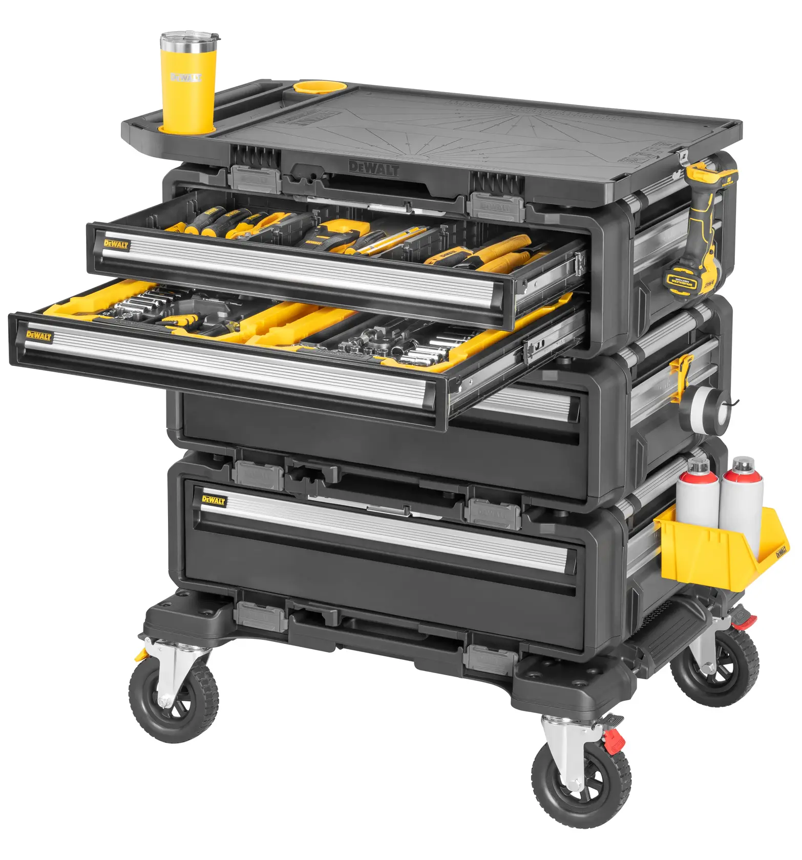 A DEWALT portable tool chest on wheels with multiple open drawers containing tools, a yellow tumbler on top, and several accessories attached to the sides including bottles and tape.