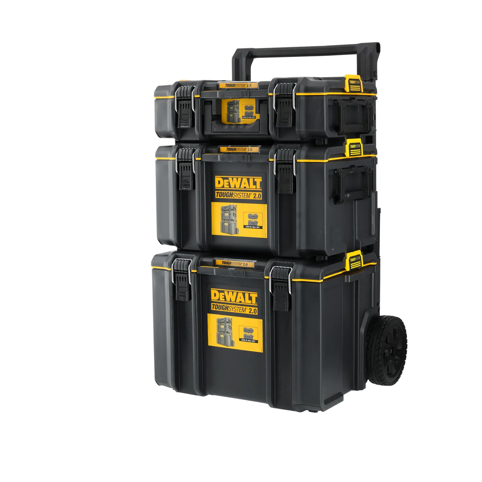 DEWALT ToughSystem 2.0 promotional graphic with the slogan 'Storage Built to Handle It' in large, bold yellow lettering on a dark, textured background.