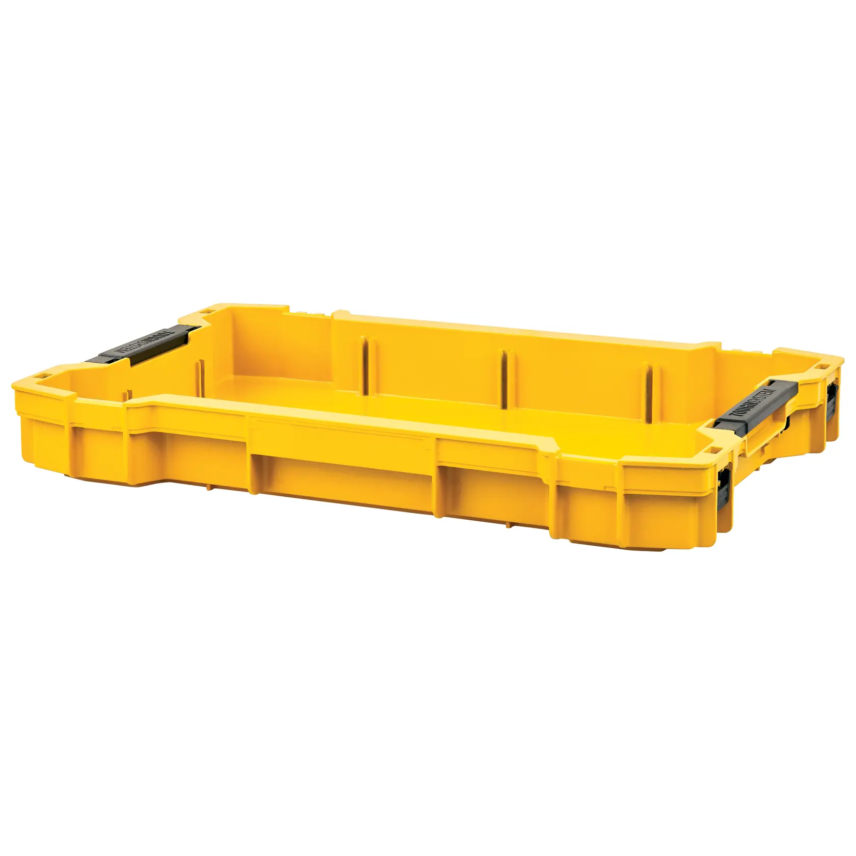 A yellow rectangular DEWALT plastic tray for tool storage, featuring reinforced edges and black handles on each side.