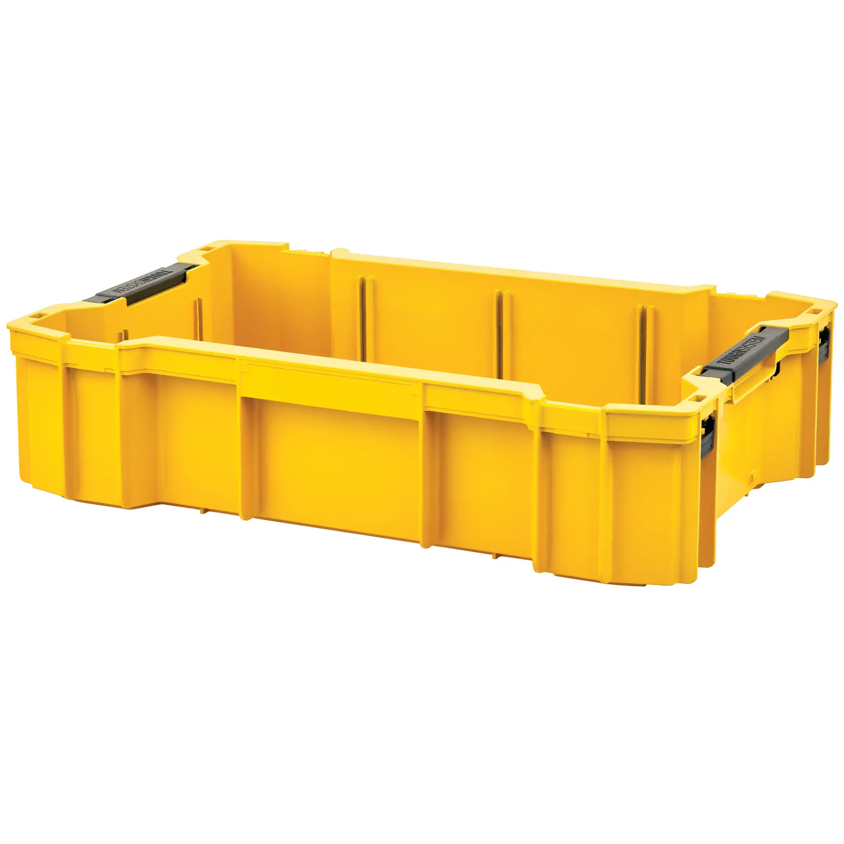 A yellow DEWALT plastic tool storage box with open top and reinforced sides, featuring black latch handles on both ends, shown on a white background.