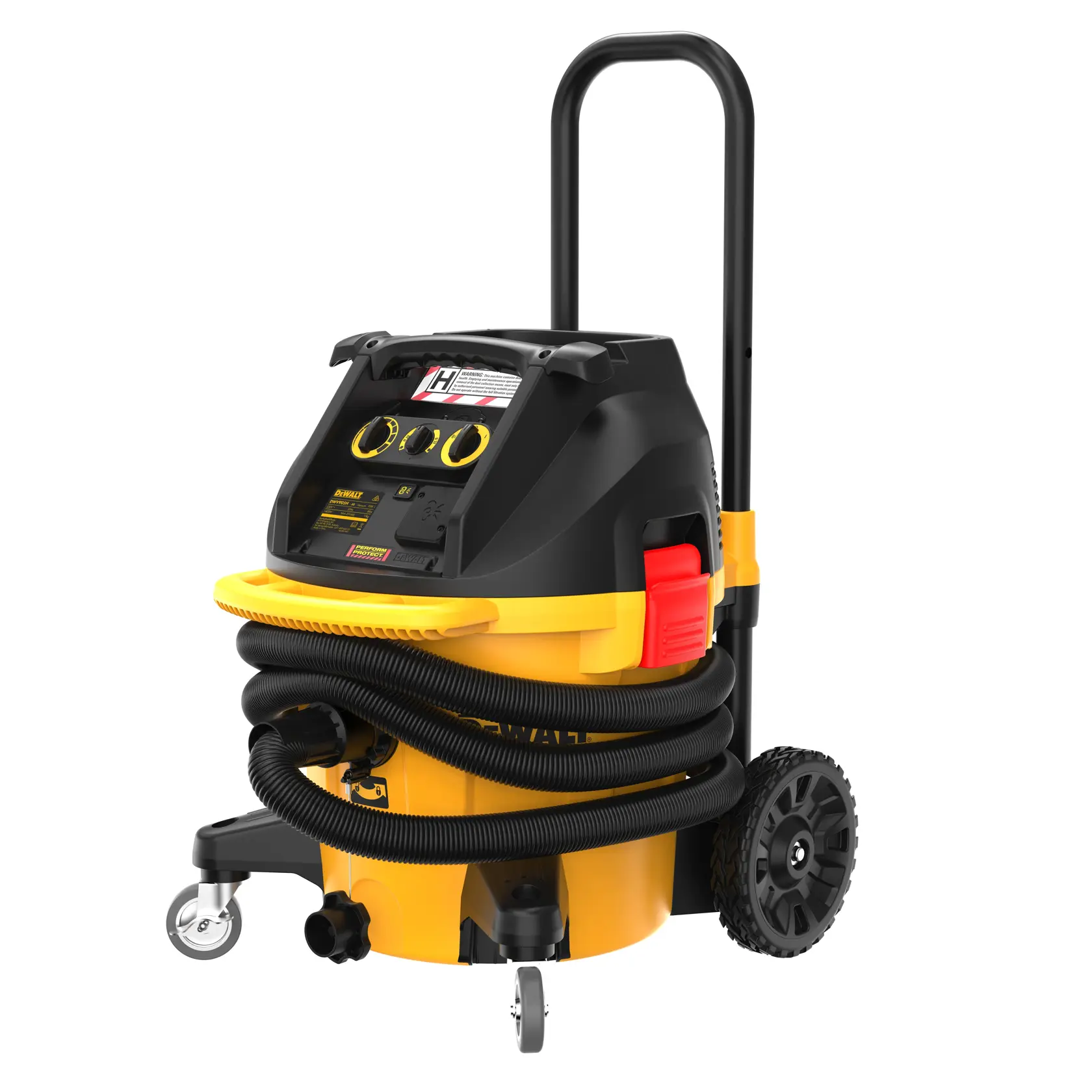 A DEWALT DWV905H-XE industrial vacuum cleaner with a yellow and black body, large wheels for easy movement, a sturdy handle, and a coiled hose wrapped around the front. The vacuum has various control knobs and switches on the front panel.