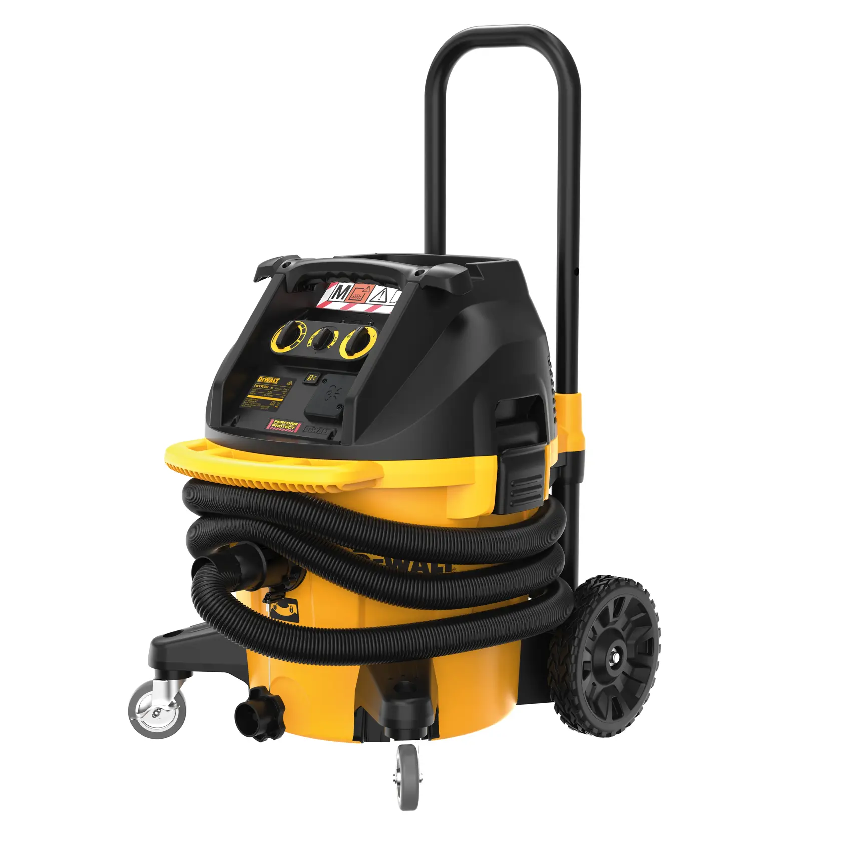 A DEWALT industrial vacuum cleaner with a yellow and black body, large wheels, a handle for easy transport, and a coiled hose attached to the front.