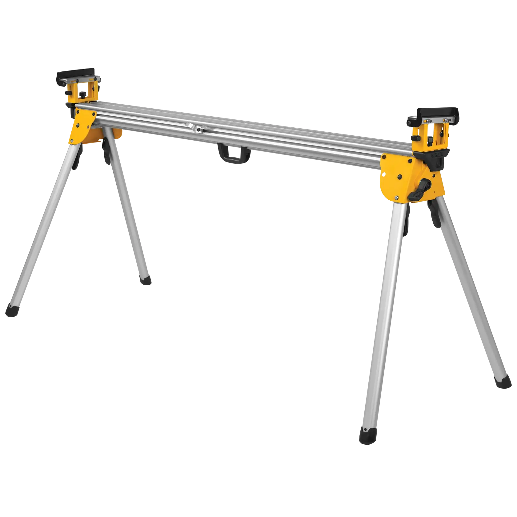 A DEWALT DWX723 heavy-duty aluminum miter saw stand with folding legs, yellow and silver color, designed for supporting miter saws during cutting tasks.