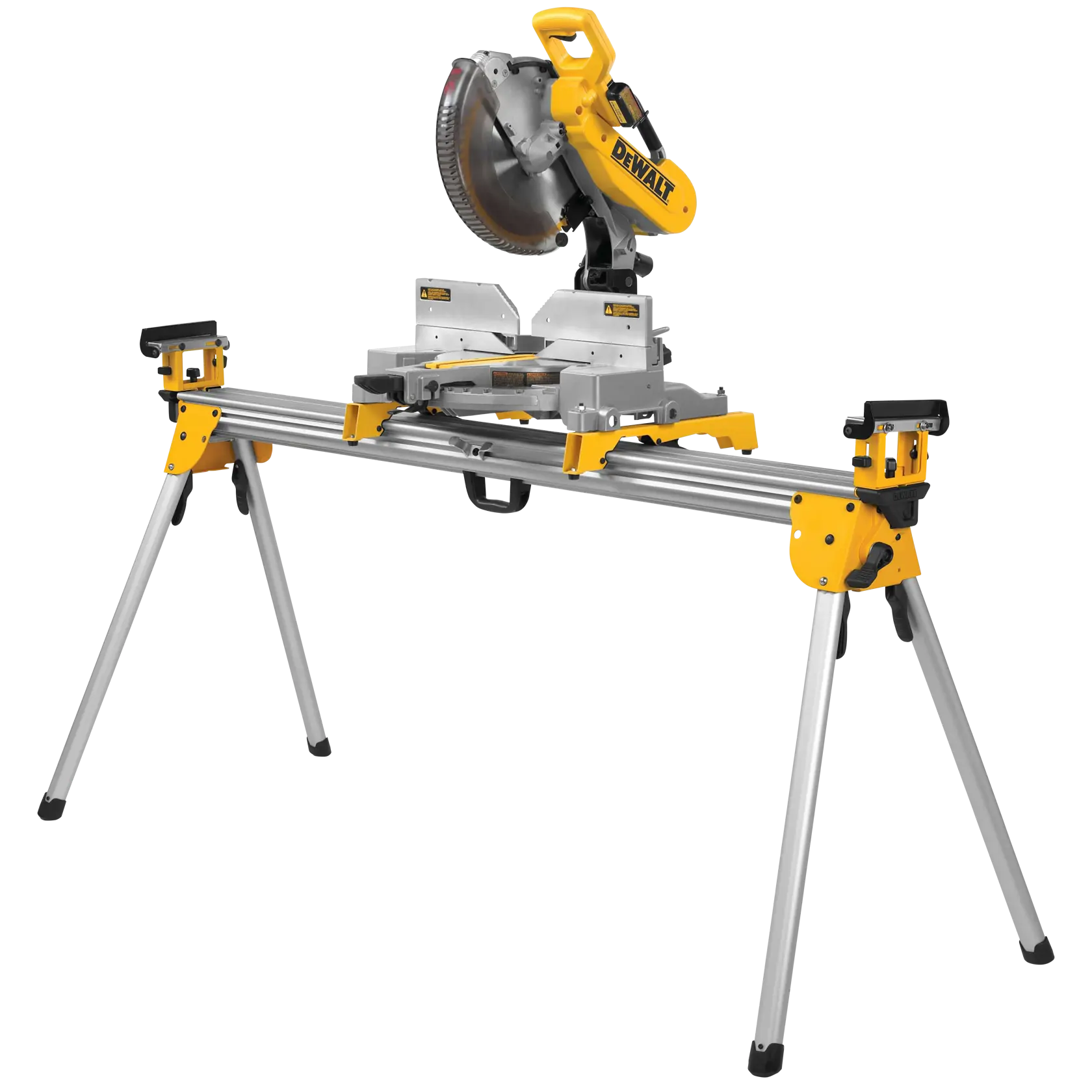 A DEWALT DWX723 portable miter saw stand with a mounted yellow and silver miter saw. The stand has foldable legs and adjustable supports, designed for woodworking and construction tasks.