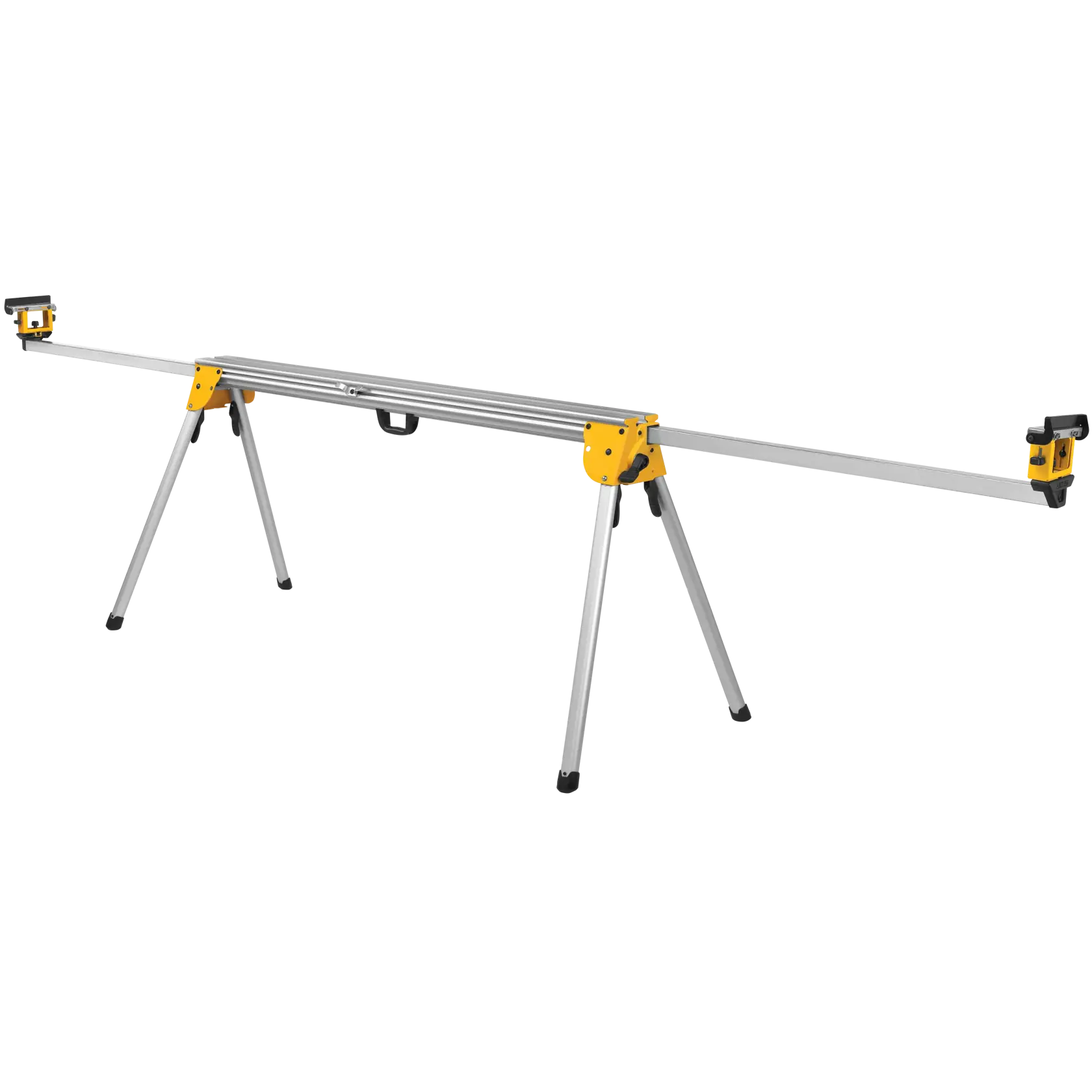 A DEWALT DWX723 aluminum miter saw stand, featuring a long silver frame with folding legs and yellow brackets at each end.