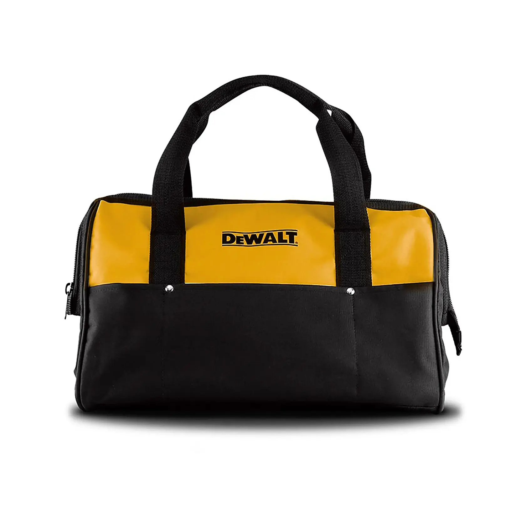 Black and yellow DEWALT tool bag with handles, zipper closure, and logo on front.